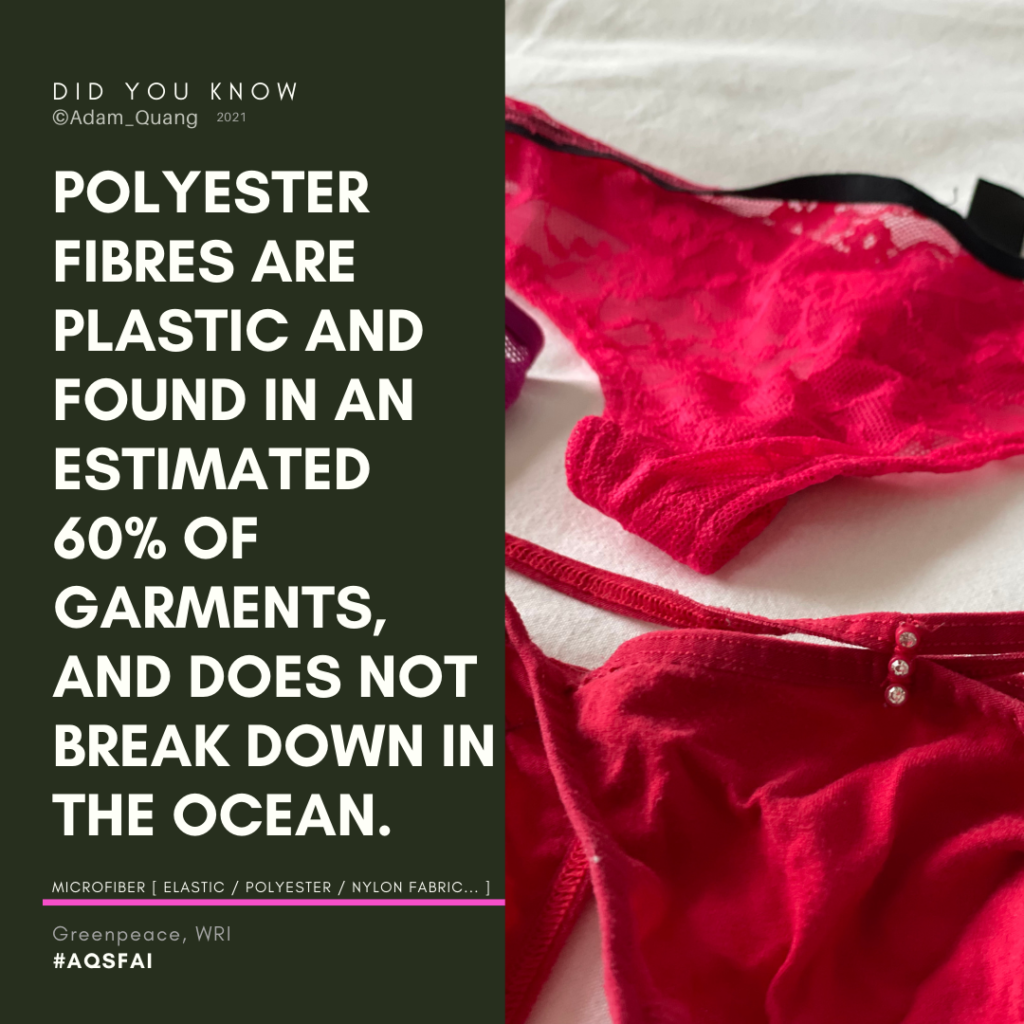 12 AQSFAI Adam Quang Sustainable Fashion Art Installation research - Polyester fibres is plastic and found in an estimated 60 percent of garments and does not break down in the ocean.v2